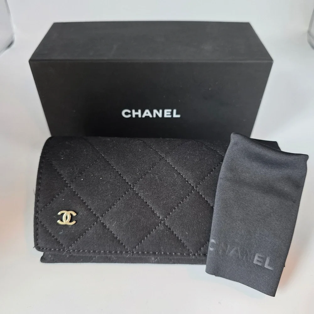Chanel Black Quilted Fabric Eyewear Case with Box and Cleaning Cloth CC Logo